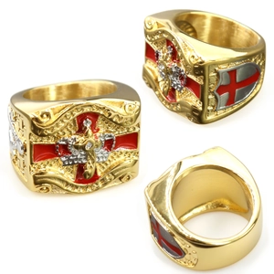 Men Vintage Stainless Steel Ring Crown Cross Enamel Signet Masonic Style Rhinestone Jewelry Heavy Wide Band Religious
