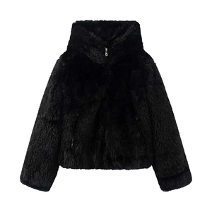 Women's black faux fur short jacket with stand collar and zipper closure on white background