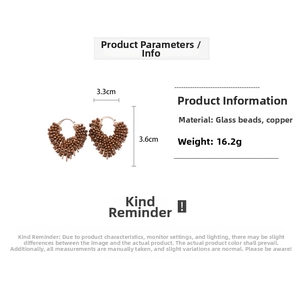 Detail of vintage heart glass bead earrings showing dimensions 3.3cm by 3.6cm