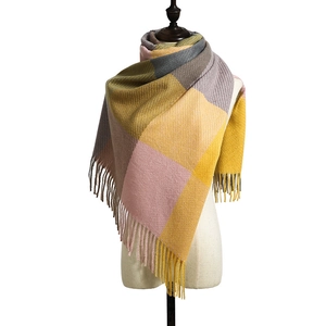 Classic plaid scarf for women with tassels in yellow and pink autumn winter fashion