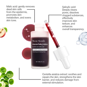 Detail view of 30ml exfoliating serum with AHA, BHA, and centella asiatica extract