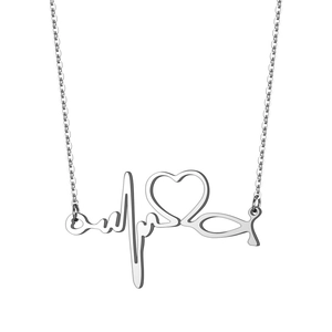 Close-up of stainless steel necklace with stethoscope heart and fish pendant design