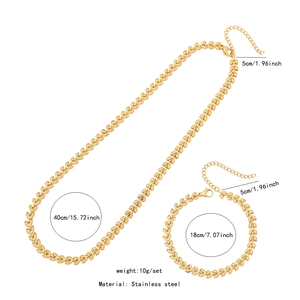 Golden stainless steel leaf chain necklace and bracelet set with size measurements
