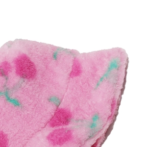 Pink plush bucket hat with cherry floral print for women, soft winter warm headwear