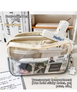 Detail view of a 4-layer cream pencil case with large transparent PVC display windows