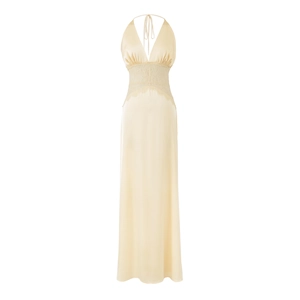 Elegantes Neckholder-Maxikleid aus Satin in Creme mit feinem Spitzenbesatz und V-Ausschnitt