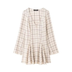 Robe Courte À Carreaux Col En V Manches Longues Taille Cintré Ourlet Plissé Polyester Élastique Style Cottagecore