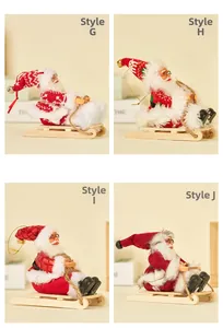 Close-up of handmade Santa Claus plush figures on wooden sleighs with knit details