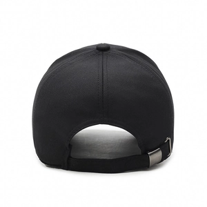 Black cotton baseball cap for men featuring an adjustable metal buckle back view