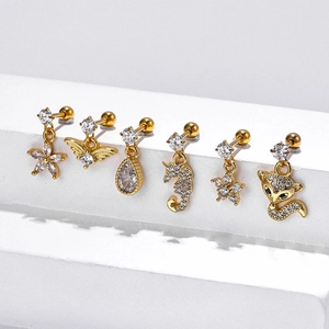 Golden medical stainless steel earring set with zircon animal and flower designs