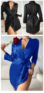 Detail view of silky satin V-neck robes in black and royal blue with waist tie closure