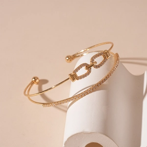 Double Layer Open Bangle Copper Interlocking Loop Zircon Pave Fashion Geometric Adjustable Hand Jewelry For Women