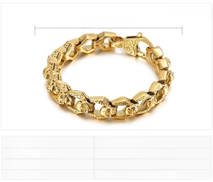 Detail specifications of golden stainless steel skull bracelet sized 220x13mm and 60g weight