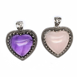 Vintage heart shaped natural labradorite pendants in purple and pink crystal tones