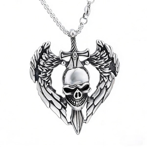 Gothic dark skull pendant necklace with wings and sword in vintage silver steel