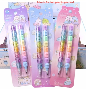 Detail of multi-section stackable HB bullet pencils with 3D cartoon animal embossed barrels