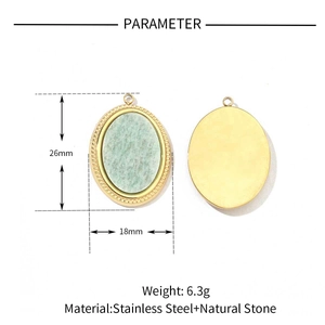Detail of natural stone pendant with 26mm x 18mm size specs on gold stainless steel