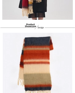Detail of colorful striped knit scarf featuring soft fringe and retro winter pattern