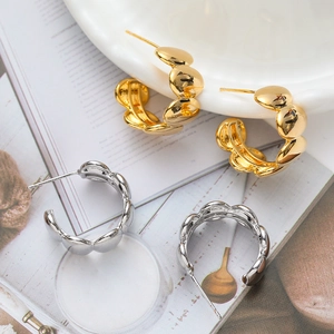 Geometric Bubble C Shaped Hoop Earrings For Women Copper With 925 Sterling Silver Earring Post 18K Gold Plated Polished