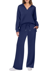 Navy blue long sleeve lounge set for women featuring drawstring wide leg pants
