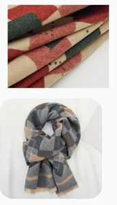 Close-up of diamond pattern knit texture and fringe details on children's plaid scarf