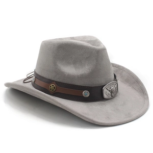 Detail of grey suede cowboy hat featuring leather belt with steer skull and star ornaments