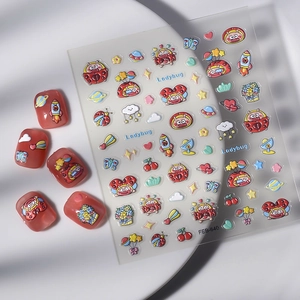 5D embossed ladybug cartoon nail art stickers with astronaut and floral patterns