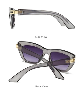 Detailansicht der Seite und Rückseite grauer quadratischer Sonnenbrille mit lila Verlauf