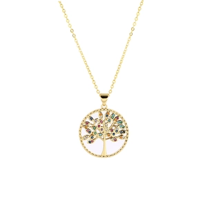 Macro detail of 18K gold plated Tree of Life pendant with vibrant multi-color zircons