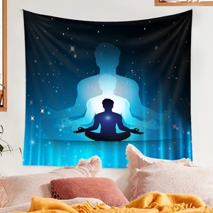 Detailed view of deep blue galaxy yoga tapestry hanging as bedroom wall decor
