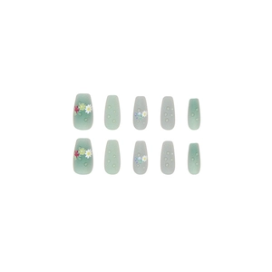 Matte Katzenaugen-Press-on-Nägel mit grünem Gänseblümchenmuster und 3D-Wassertropfen