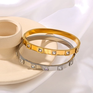 Polished titanium steel bangle set with square zircons in gold and silver finish
