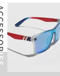 Close-up of sports sunglasses model WR6278 with blue reflective lenses and star pattern