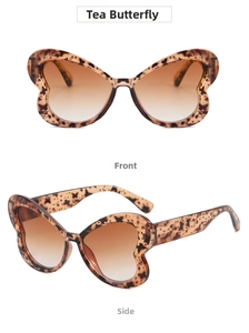 Detailed views of tortoiseshell butterfly sunglasses with brown gradient lenses and frames