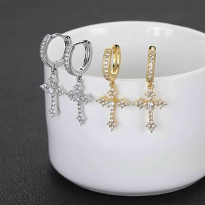 Hip hop style silver cross hoop earrings set with sparkling cubic zirconia in gold and silver