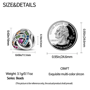 Size and details of feather bead charm with zircon inlays and silver plating