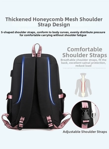 Ergonomic S-shaped breathable honeycomb shoulder straps on a casual black backpack