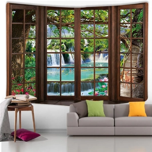 Detail showing 3D window nature wall tapestry with forest waterfall and wildlife landscape