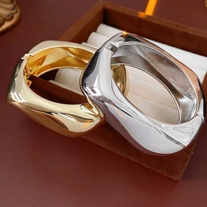 Irregular minimalist thick square metal cuff bracelets in polished gold and silver finish