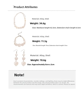 Detailed view of heart-shaped shell jewelry set featuring necklace, bracelet and earrings