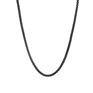Minimalist black stainless steel box chain necklace for men and women on white background