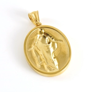 18k gold plated stainless steel necklace with 3D oval embossed portrait pendant