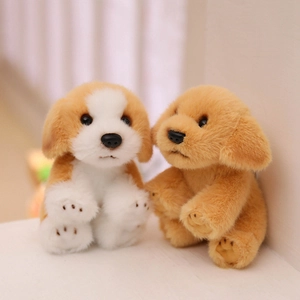 Cute plush dog keychain set featuring golden retriever and beagle designs with paw prints