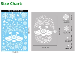 Tableau détaillé des tailles pour autocollants Père Noël avec dimensions en cm et pouces