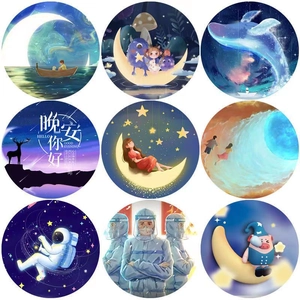 Detailed collection of nine creative circular night light stickers with fantasy illustrations