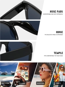 Detailed views of sturdy hinges, integrated nose pads and stylish lifestyle usage scenes