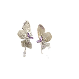 Asymmetric purple butterfly earrings with silver tassels and teardrop crystal pendants