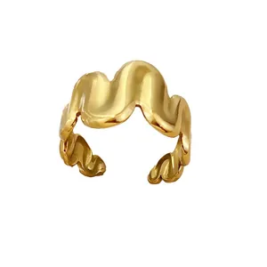 Minimalist 18K gold stainless steel ring with irregular wave design and open adjustment