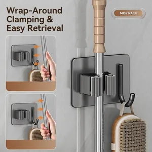 Porte-serpillière mural gris foncé avec pince et crochet pour rangement de salle de bain