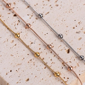 Three-color stainless steel snake chain bracelets with polished beads in gold rose silver